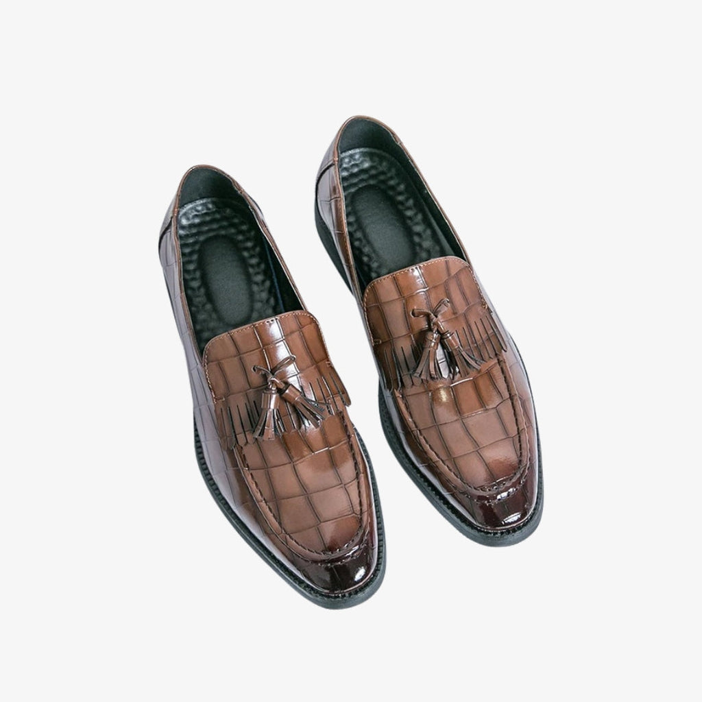 Mocassini da uomo in pelle marrone con elegante effetto cocco. Ornate da nappe decorative sul collo del piede, queste scarpe offrono uno stile raffinato e sofisticato, ideale per le occasioni formali o per un look chic di tutti i giorni.