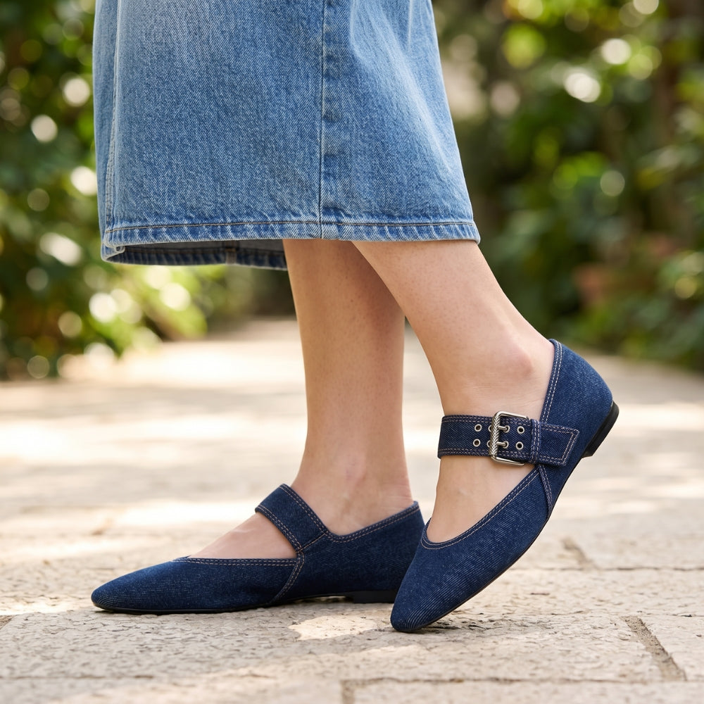 Mocassino ballerina in denim con cinturino oversize da donna