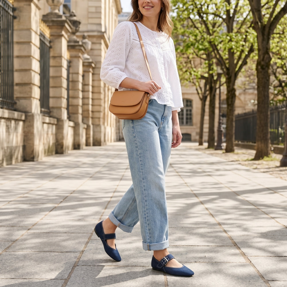 Mocassino ballerina in denim con cinturino oversize da donna