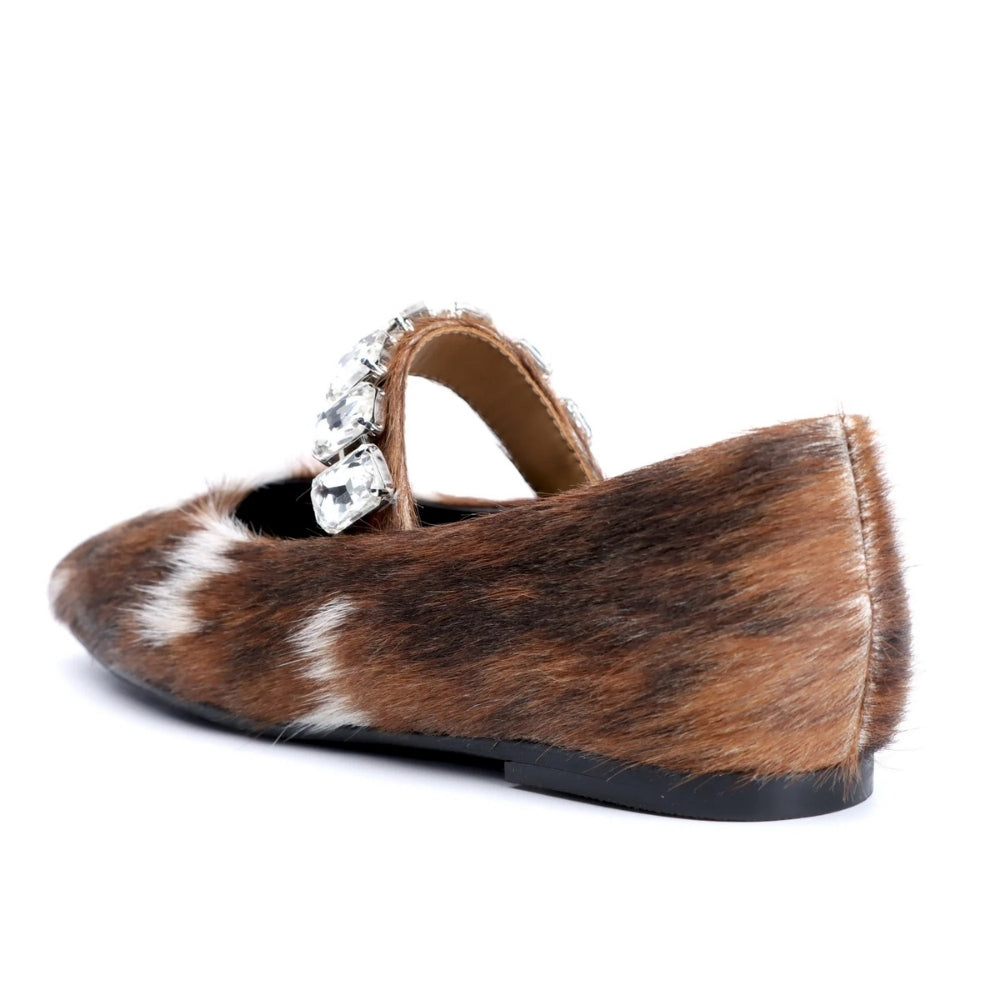 Mocassino ballerina da donna stampa mucca con cinturino di strass