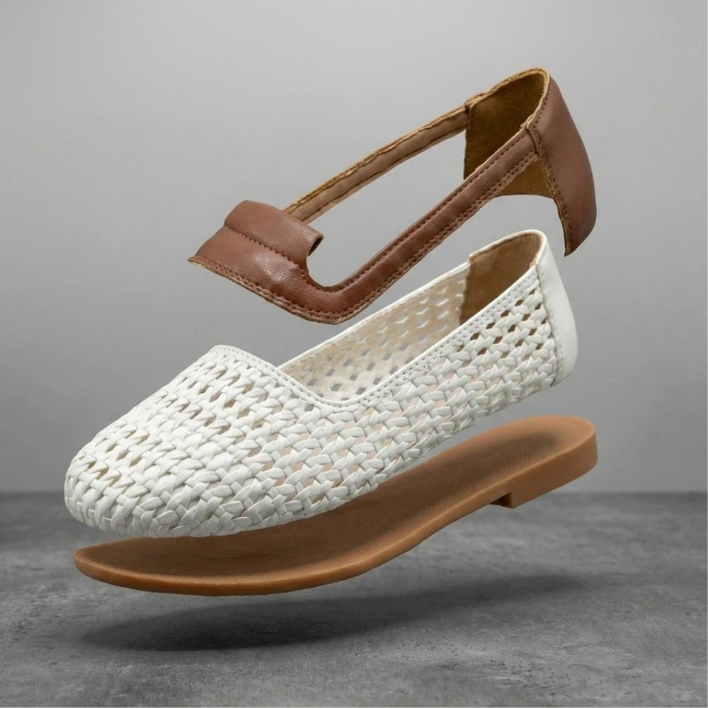 Mocassino ballerina da donna intrecciato bianco e cognac