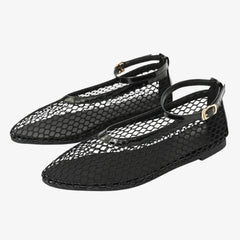 Mocassino ballerina in rete con cinturino alla caviglia da donna, Nero