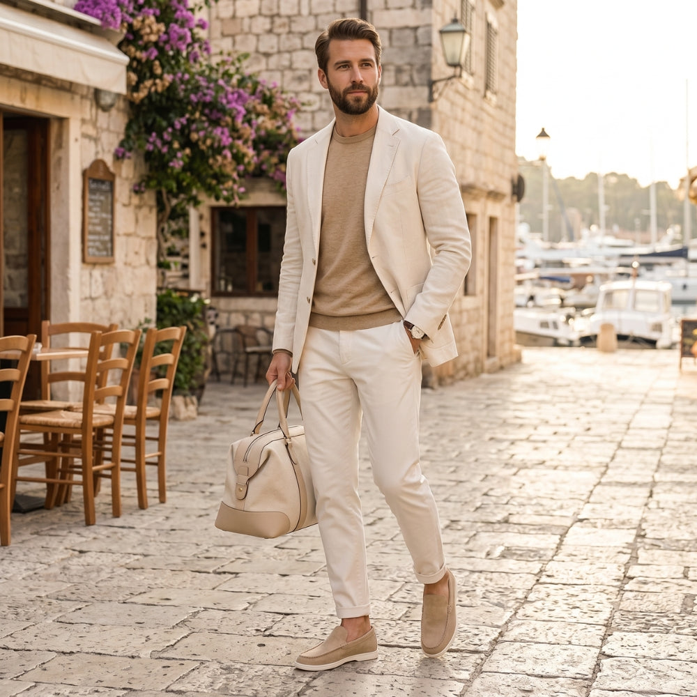 Mocassino in camoscio da uomo stile slip on con suola bianca