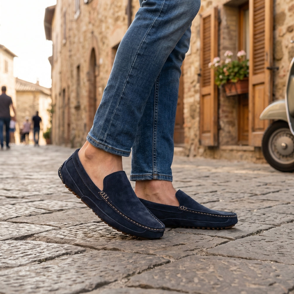 Mocassino in pelle scamosciata cucito da uomo