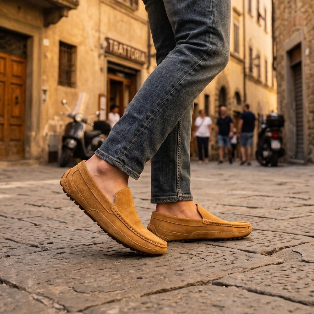 Mocassino in pelle scamosciata cucito da uomo