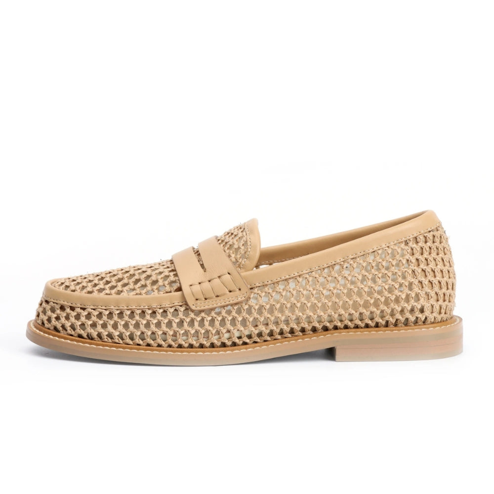 Mocassino donna in maglia e pelle beige