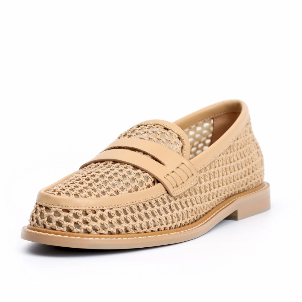 Mocassino donna in maglia e pelle beige