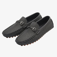 Mocassino in pelle effetto texture da uomo con fibbia argentata, Grigio