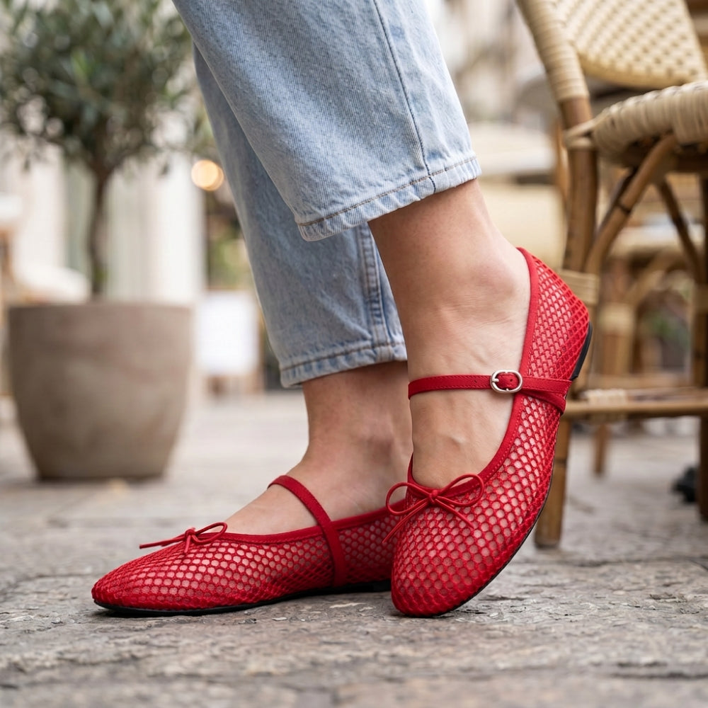 Mocassino ballerina in rete da donna con fiocco