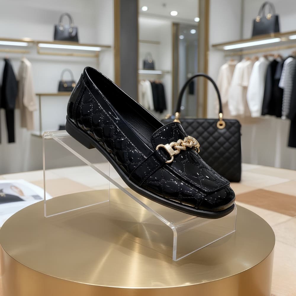 Mocassini in similpelle verniciata per donna con catena dorata decorativa