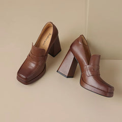 Mocassino con tacco in pelle per donna, Marrone