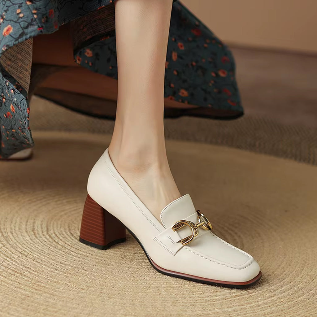 Mocassino con tacco in pelle stile vintage da donna