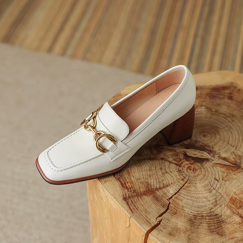 Mocassino con tacco in pelle stile vintage da donna