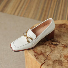 Mocassino con tacco in pelle stile vintage da donna, Bianco