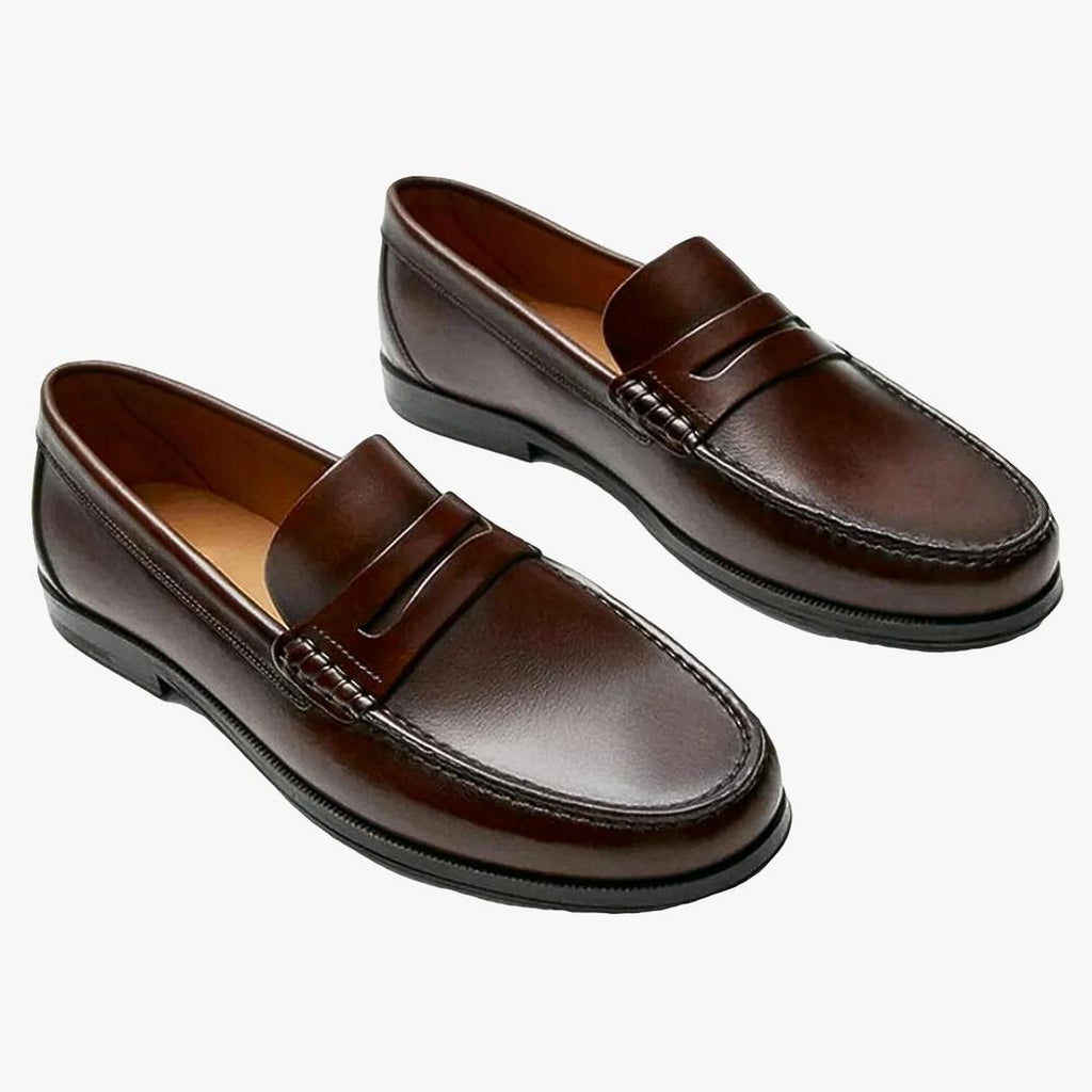 Si vede un paio di mocassini casual marroni in vera pelle da uomo su sfondo bianco