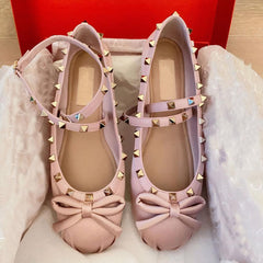 Mocassino ballerina in raso con fiocco e borchie, Rosa