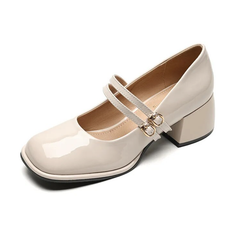 Ballerine da donna Mary Jane con due cinturini e tacco decorato, Beige