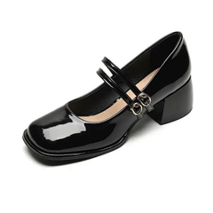 Ballerine da donna Mary Jane con due cinturini e tacco decorato, Nero