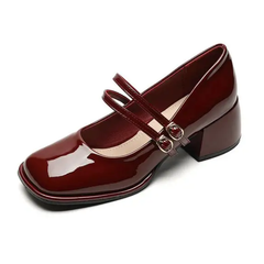 Ballerine da donna Mary Jane con due cinturini e tacco decorato, Bordeaux