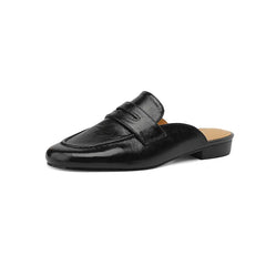Ciabatta mocassino penny donna in pelle con tacco basso, Nero