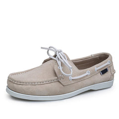 Mocassini barca uomo in camoscio con lacci bianchi, Beige