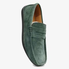 Mocassini blu uomo in camoscio con penny strap, Verde