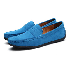Mocassini blu uomo in camoscio con penny strap, Turchese
