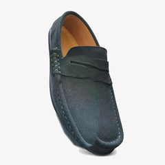 Mocassini blu uomo in camoscio con penny strap, Verde scuro