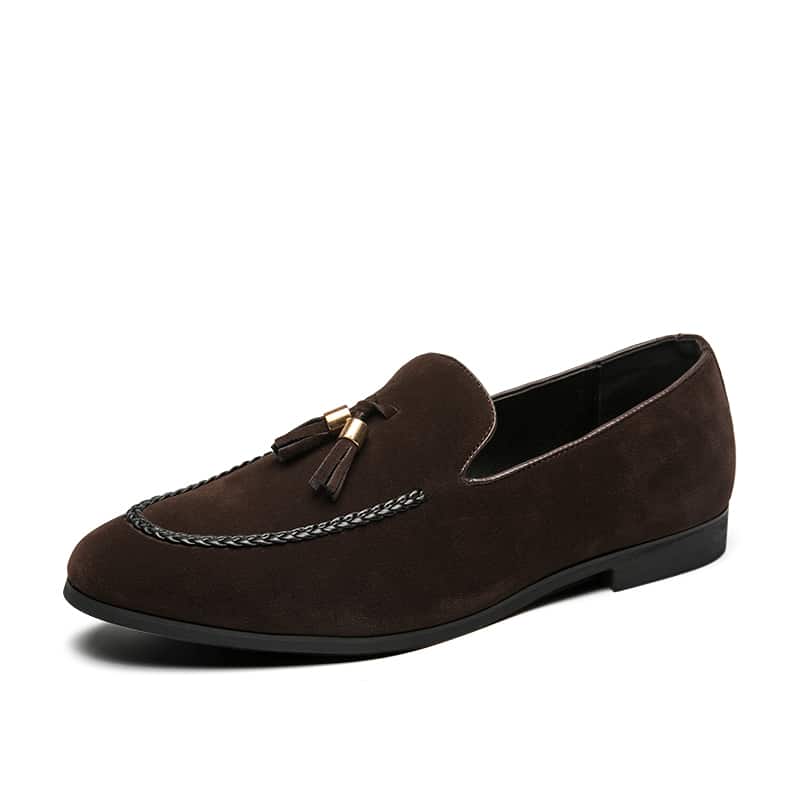 Mocassini con nappine in camoscio e torsade in pelle