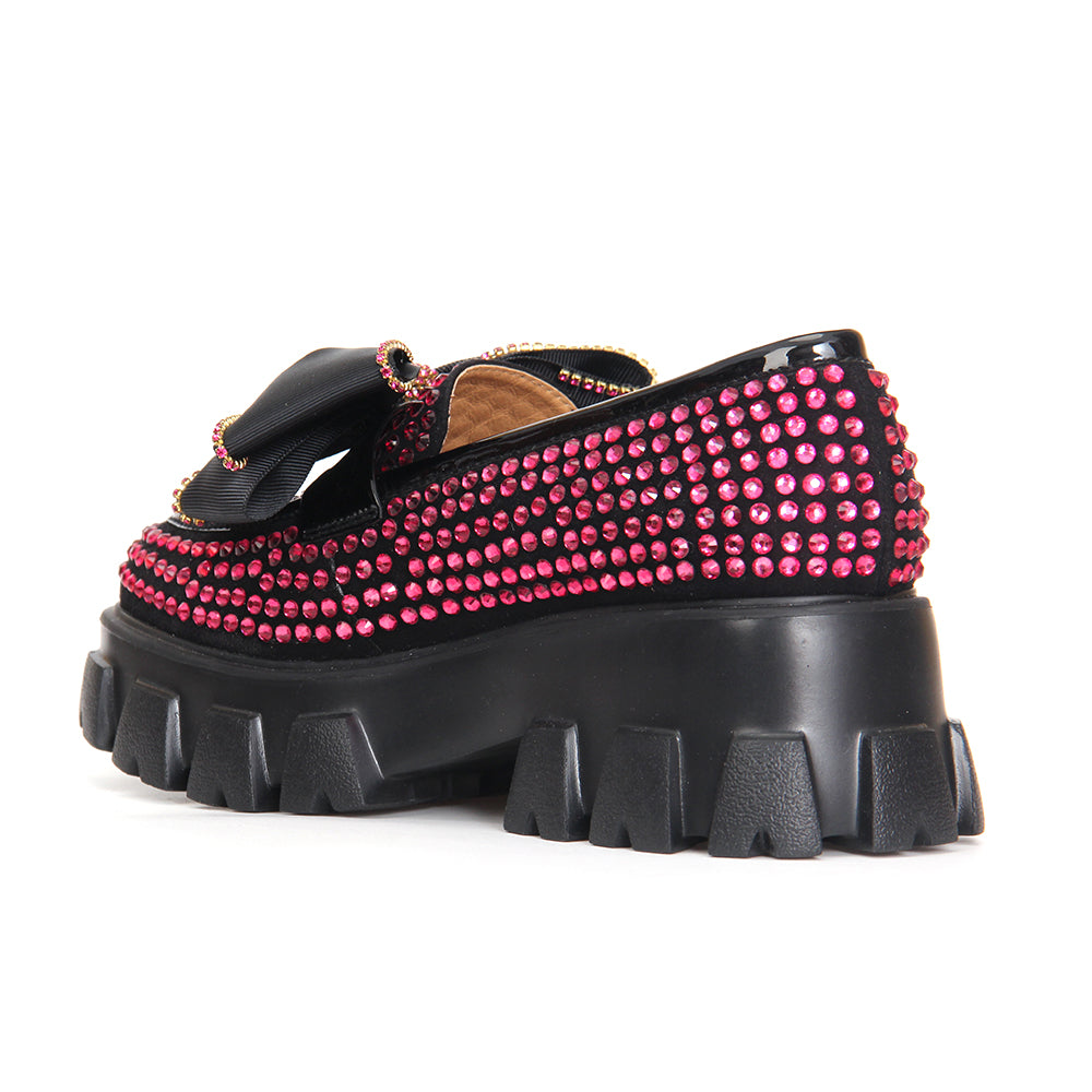 Mocassini con platform e farfalla ornata di strass rosa per donna