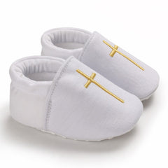 Mocassini da battesimo bianchi in cotone per neonato, Oro