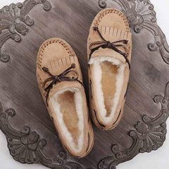 Mocassini in camoscio foderati con fiocco per donna, Beige