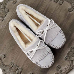 Mocassini in camoscio foderati con fiocco per donna, Grigio