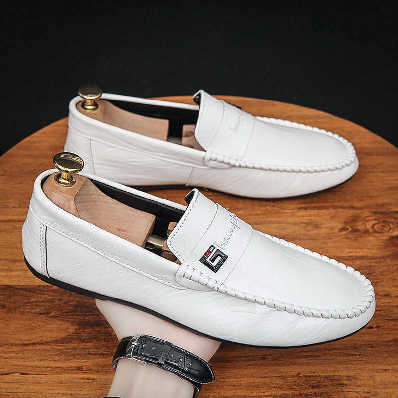 Mocassini casual slip-on da uomo in pelle effetto bianco con base in legno