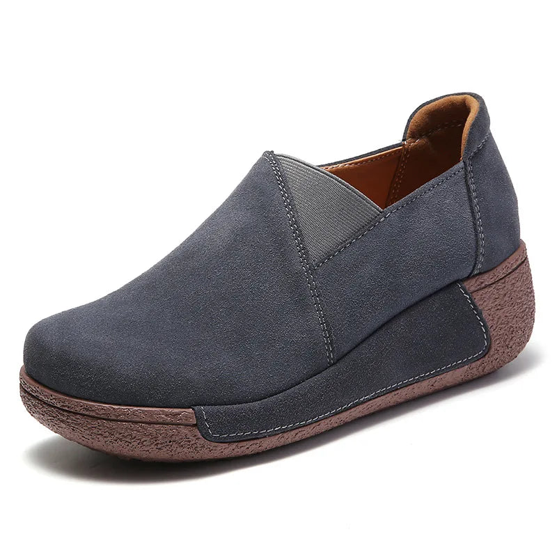 Mocassini donna in camoscio con suola spessa, colore Grigio scuro