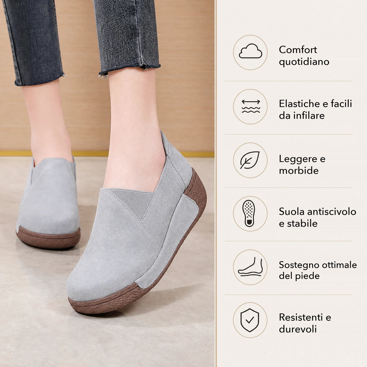 Mocassino donna in camoscio con suola spessa, vantaggi del prodotto
