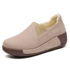 Mocassini donna scamosciati foderati in pile con suola rialzata, Beige