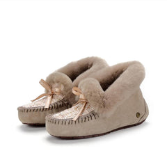 Mocassini indiani in camoscio foderato e tomaia in tweed, Marrone