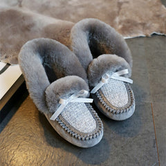 Mocassini indiani in camoscio foderato e tomaia in tweed, Grigio