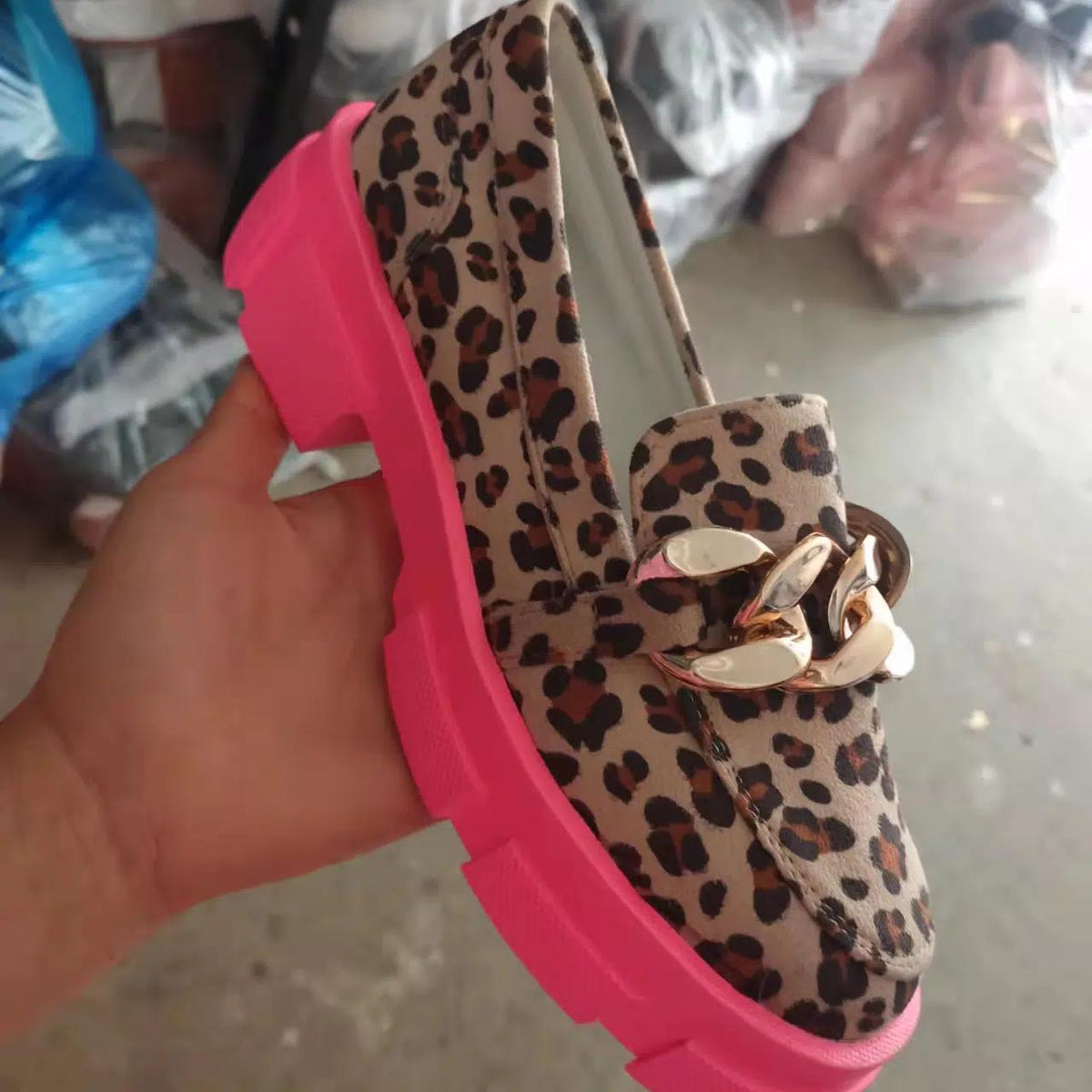 Mocassini leopardati tendenza con suola spessa rosa per donna