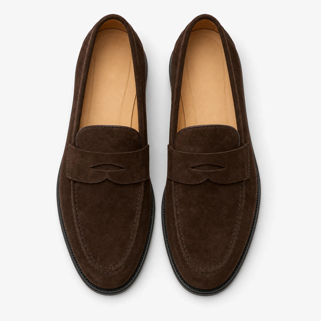 Mocassini penny uomo in camoscio marrone