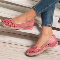 Mocassini traforati stile vintage con piccolo tacco compensato per donna, Rosa scuro