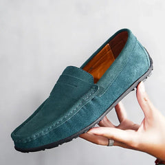 Mocassini uomo blu in camoscio con suola tassellata, Verde