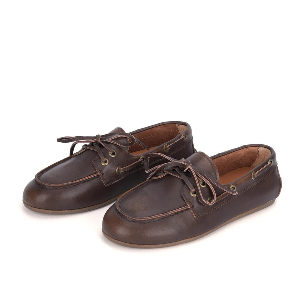 Mocassino con lacci in pelle beige, vista laterale