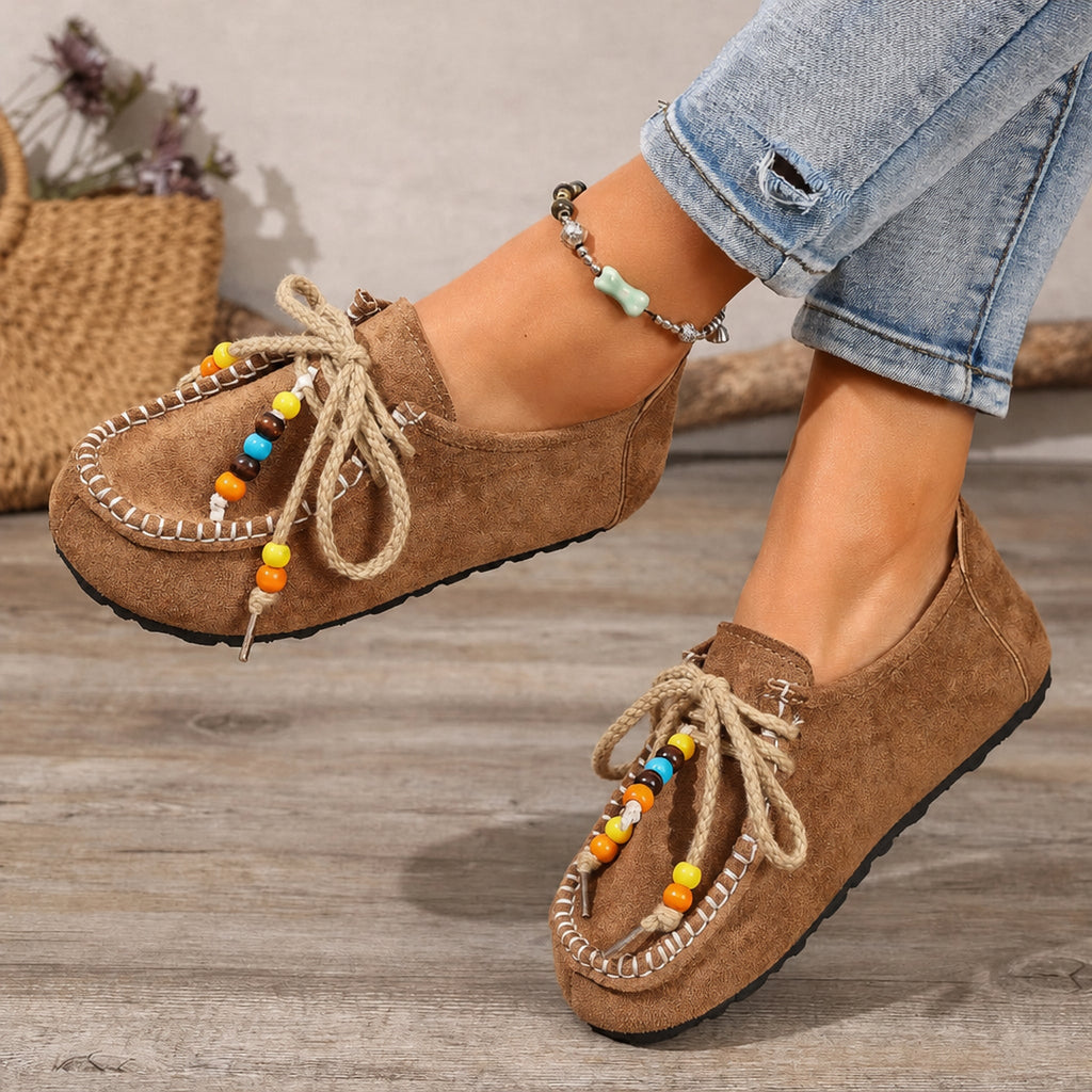 Mocassino donna con perle e lacci decorati, dettaglio 6