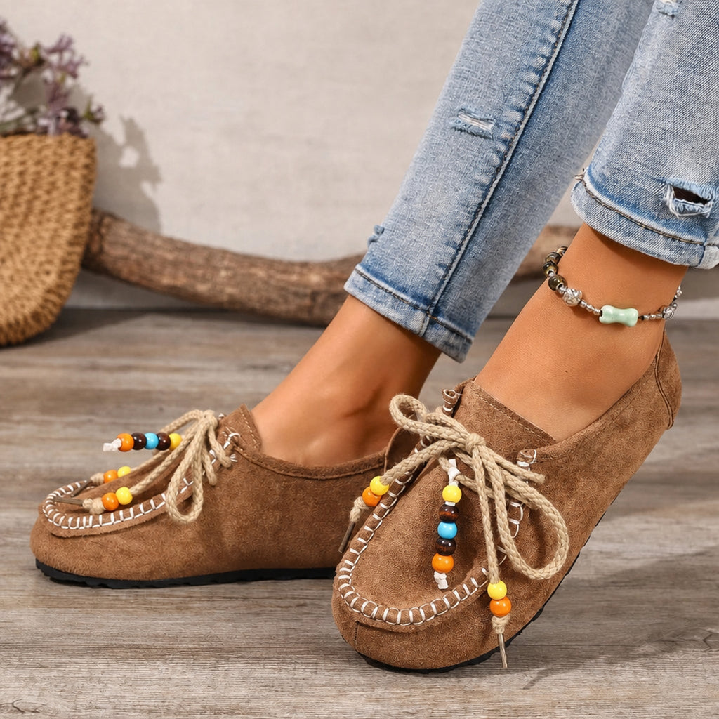 Mocassino donna con perle e lacci decorati, dettaglio 7