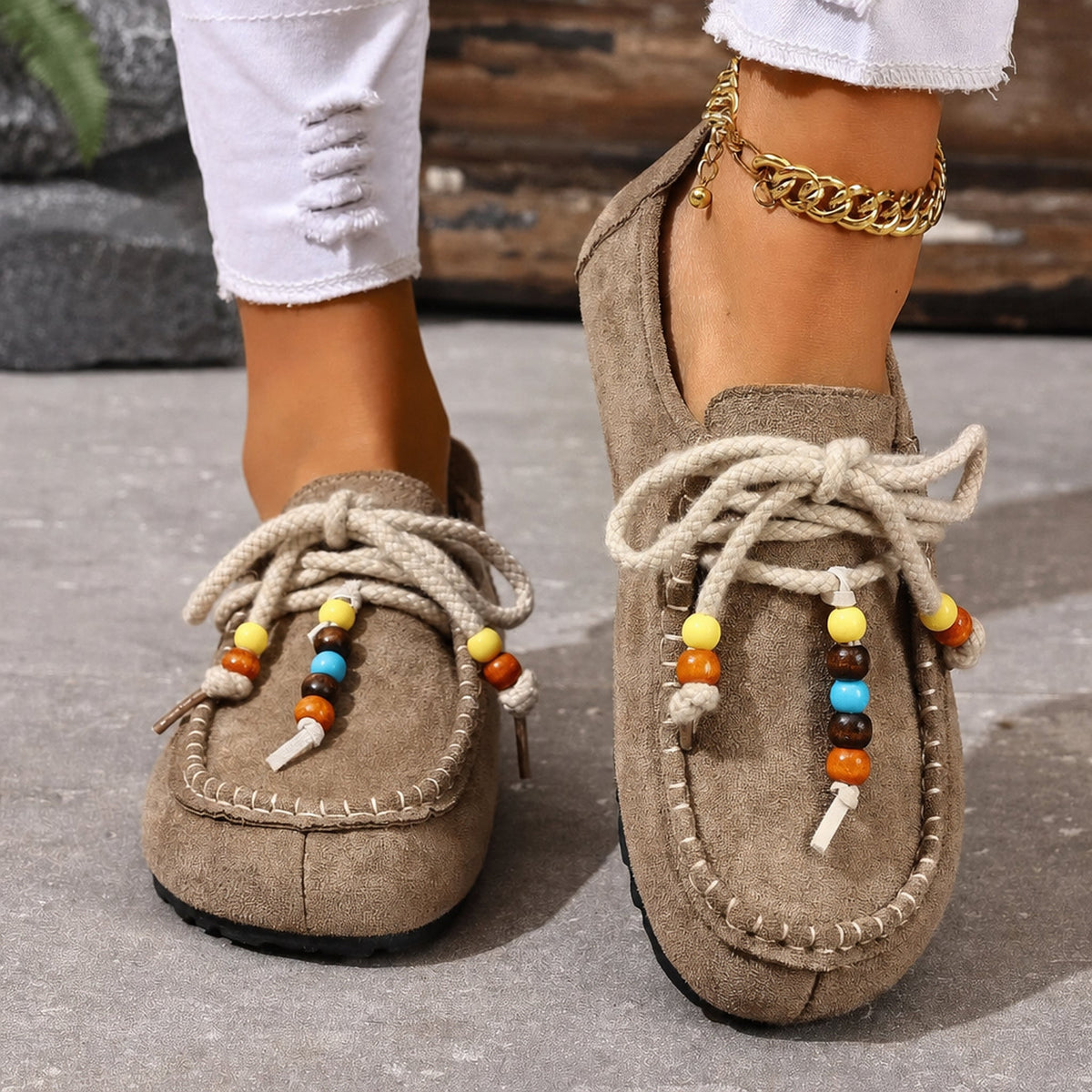 Mocassino donna con perle e lacci decorati, dettaglio 8