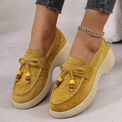 Mocassino donna con zeppa, fiocco e perle multicolore, Giallo