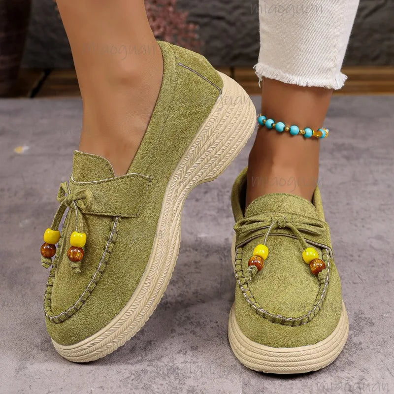 Mocassino donna con zeppa, fiocco e perle, dettaglio 5