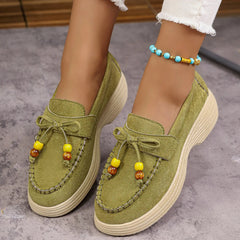 Mocassino donna con zeppa, fiocco e perle multicolore, Verde
